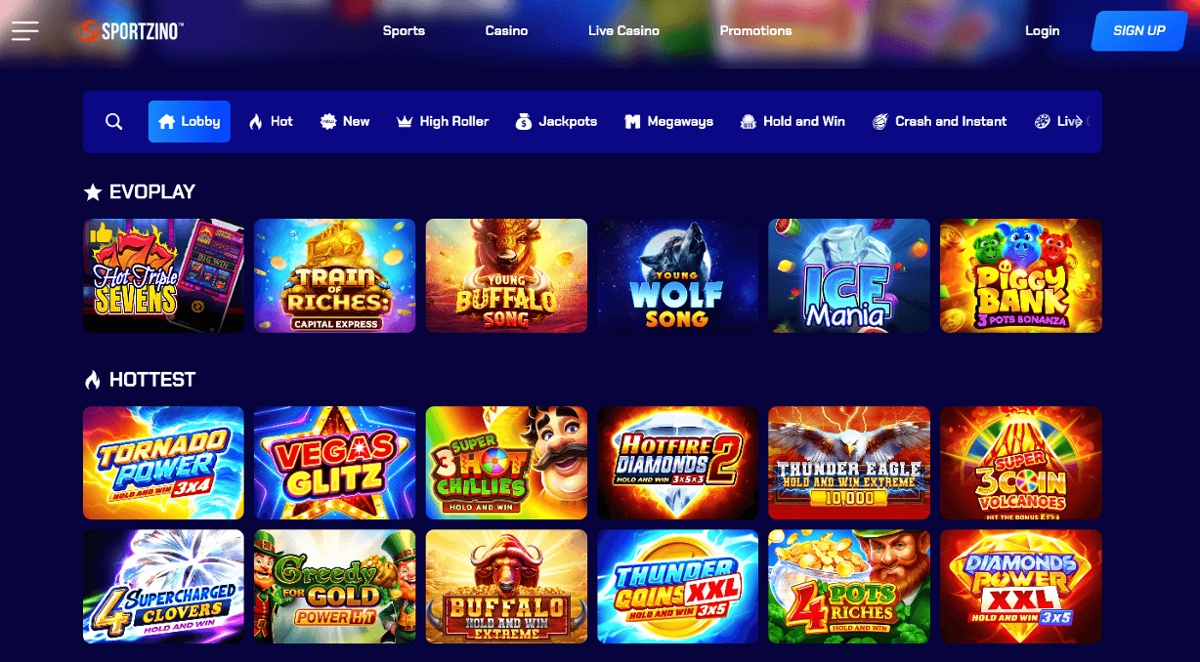 Sportzino games lobby showing Evoplay games and hottest games options.